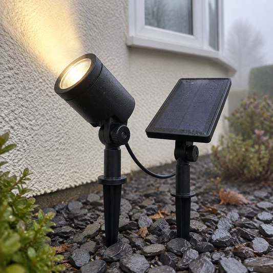 Adjustable zoom-beam solar spotlight and its separate solar panel staked in slate chippings, aimed up a rendered house wall in morning mist