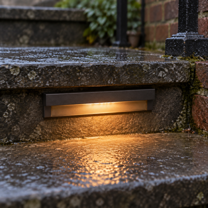 Solar outdoor step light fixed to the riser of worn stone garden steps, washing light onto the wet tread below