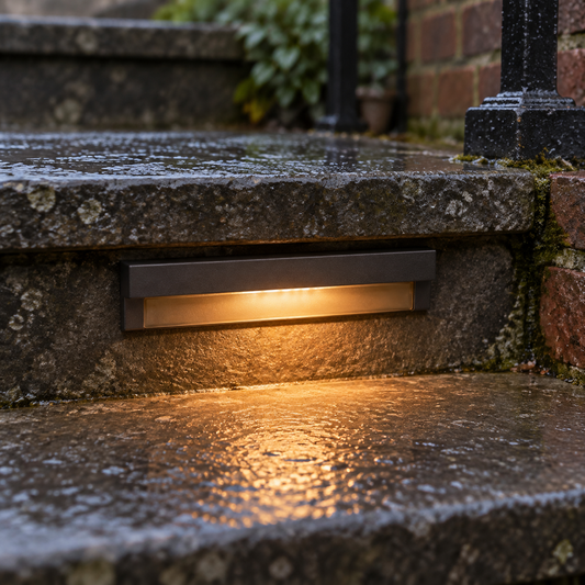 Solar outdoor step light fixed to the riser of worn stone garden steps, washing light onto the wet tread below