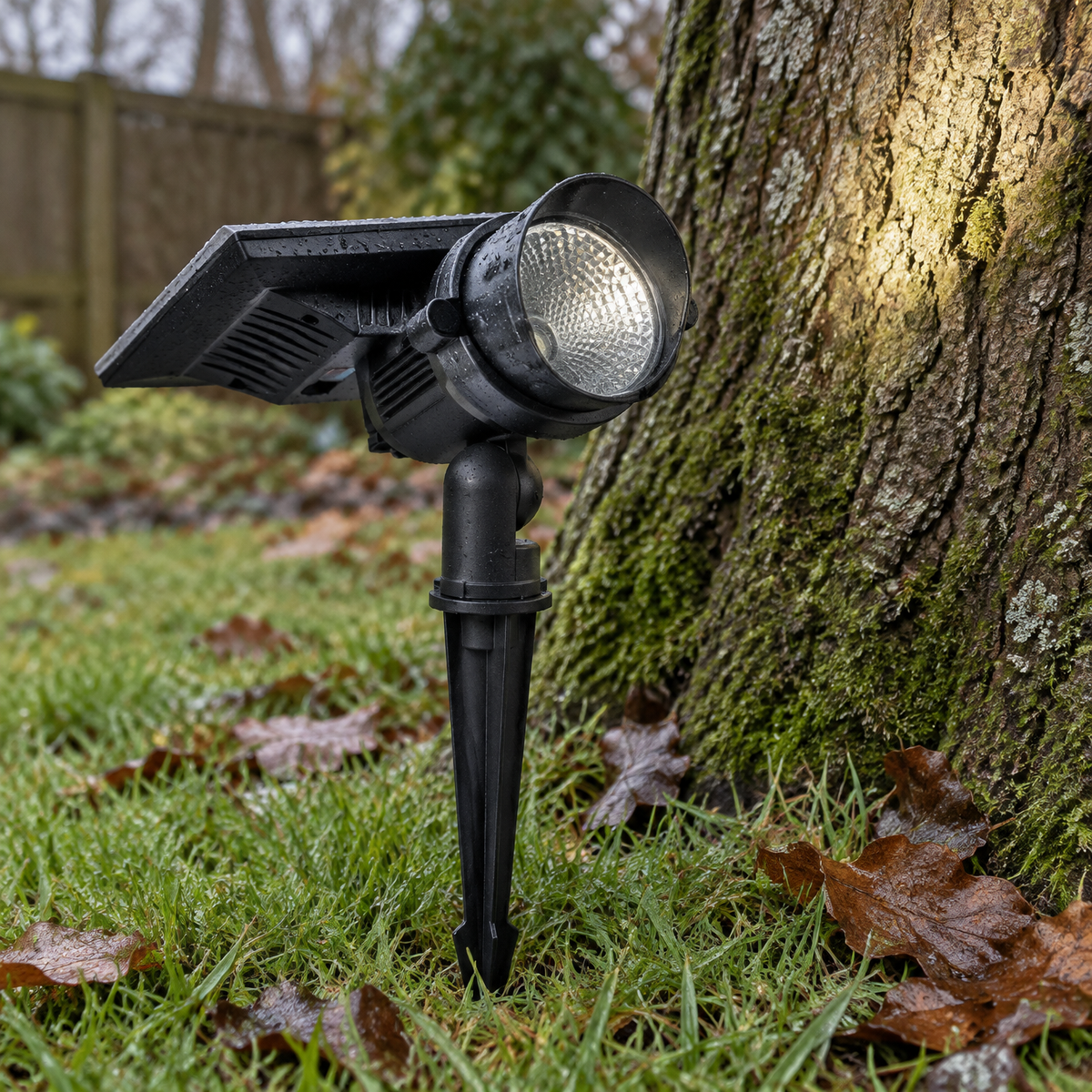 Aluminium and glass solar tree spotlight staked in wet grass at the foot of a mossy tree trunk, head tilted up to light the bark