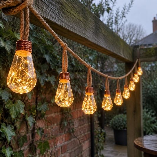 Solar string lights on a hemp rope swagged from a weathered pergola beam over a patio, bulbs glowing warm at dusk