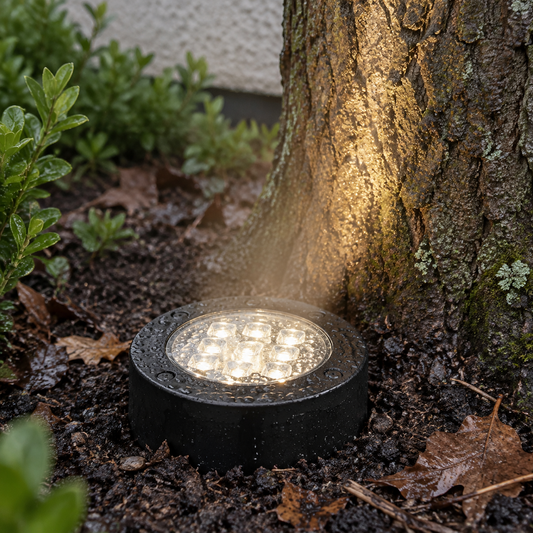 Round solar ground uplighter set flush into wet soil beside box edging, its lens facing up to light a tree on a damp grey afternoon