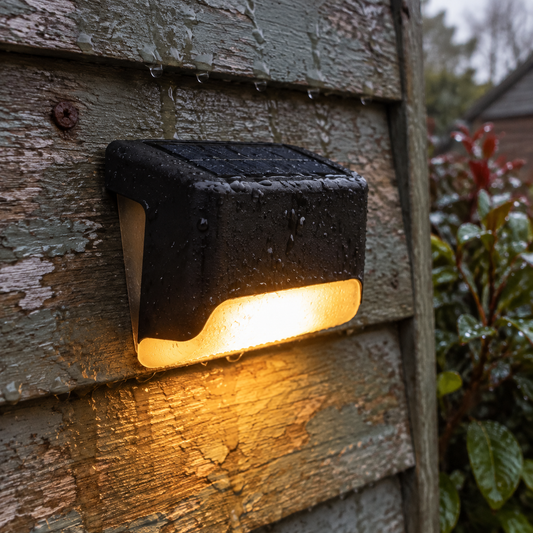 Cordless dusk-to-dawn solar wall light fixed to weathered shiplap boards on a garden shed in light drizzle