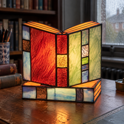 Stained glass book lamp standing open on a scuffed study desk beside hardback books, glowing through coloured leaded panels