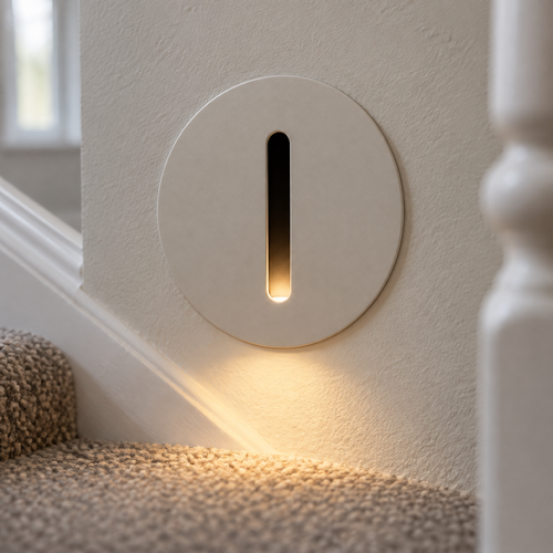 Sand-white recessed LED stair wall light set into painted plaster beside a carpeted stair tread, washing light across the step