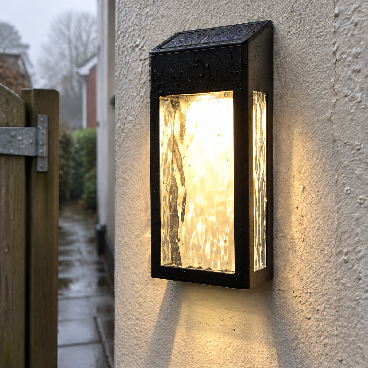Waterproof solar LED wall lamp mounted on rain-streaked render beside a timber side gate on a misty morning