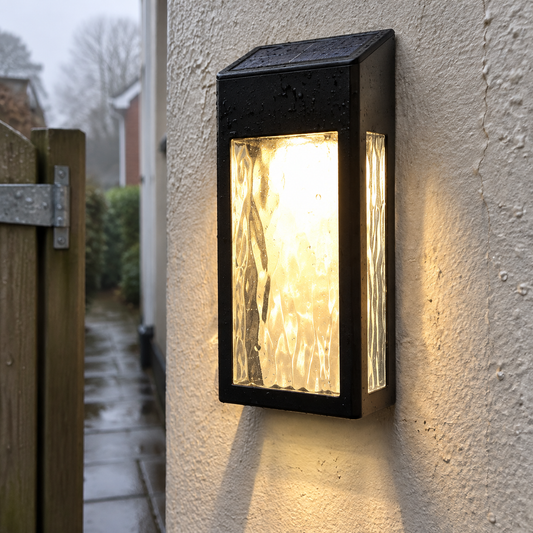 Waterproof solar LED wall lamp mounted on rain-streaked render beside a timber side gate on a misty morning