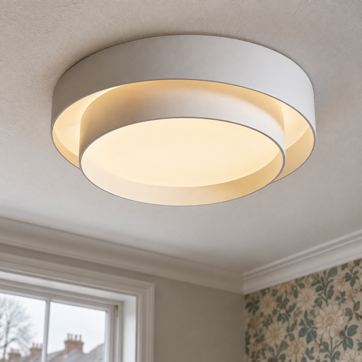 Round Nordic LED globe ceiling light flush-mounted to a bedroom ceiling near cornicing and a sash window on an overcast day