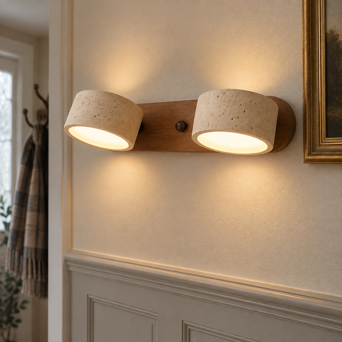 Travertine stone LED wall lamp mounted on a panelled hallway wall above a dado rail, glowing softly up and down the plaster