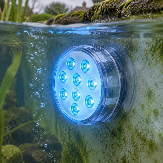 Waterproof submersible LED suction light stuck to the inner wall of a garden pond below the waterline, glowing through the water