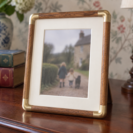 Wood and brass tabletop photo frame standing on a mahogany sideboard beside a stack of hardback books