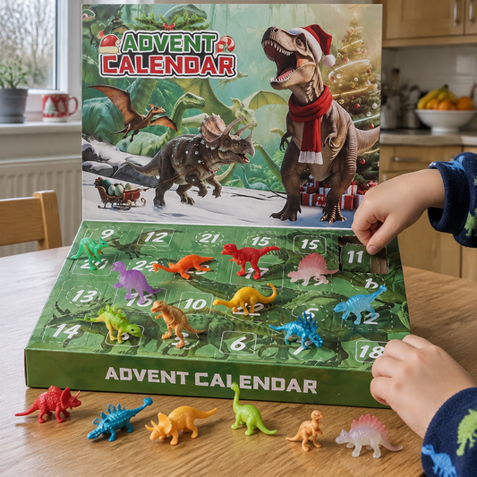Child's hands opening a numbered door on the 24-day dinosaur advent calendar, small dinosaur figurines standing on the table beside it