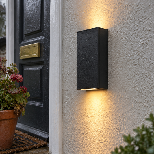 Slim black rectangular outdoor wall light mounted vertically beside a painted British front door in fine drizzle