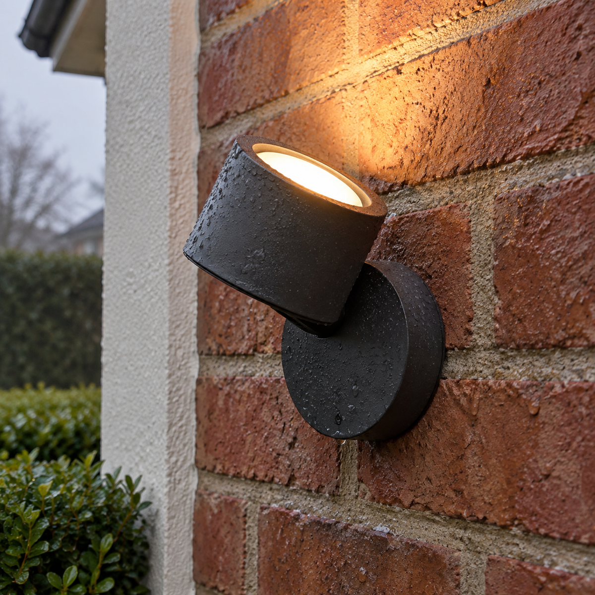 Small round 8cm adjustable outdoor wall spotlight fixed to damp red brickwork, cylindrical head swivelled upward to wash the wall
