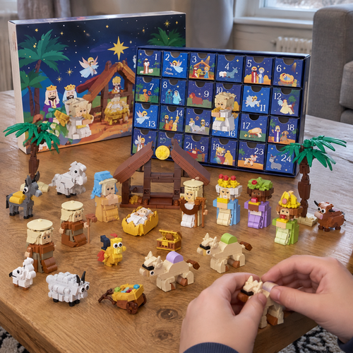 Boy's hands building the brick Christmas train from the open 24-day DIY advent calendar on a pine coffee table