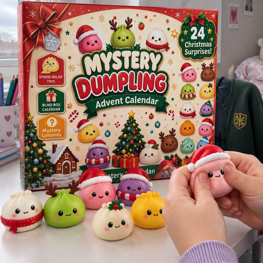 Squishy dumpling advent calendar standing on a child's desk with slow-rising squishy toys beside it being squeezed