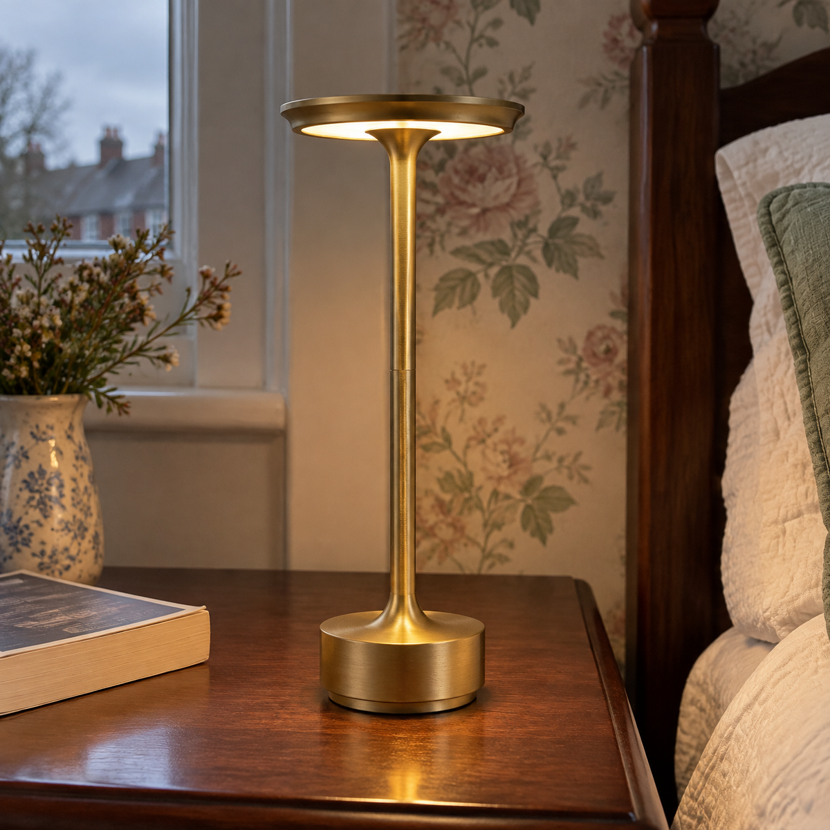 Rechargeable cordless reading lamp standing on a mahogany bedside table beside a paperback, shade tilted down and lit