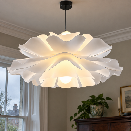 White acrylic layered petal flower pendant light hanging from a dining room ceiling rose below plaster cornicing