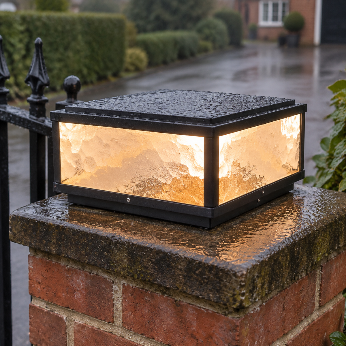Large square die-cast post cap pillar light standing on a rain-darkened brick gate pillar beside a wrought iron gate