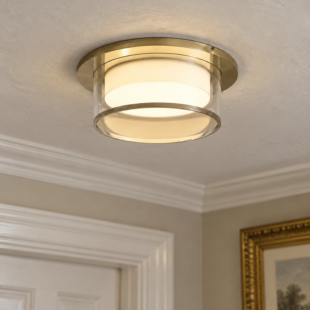 Decorative brushed gold semi-recessed downlight set into a hallway ceiling beside deep plaster cornicing