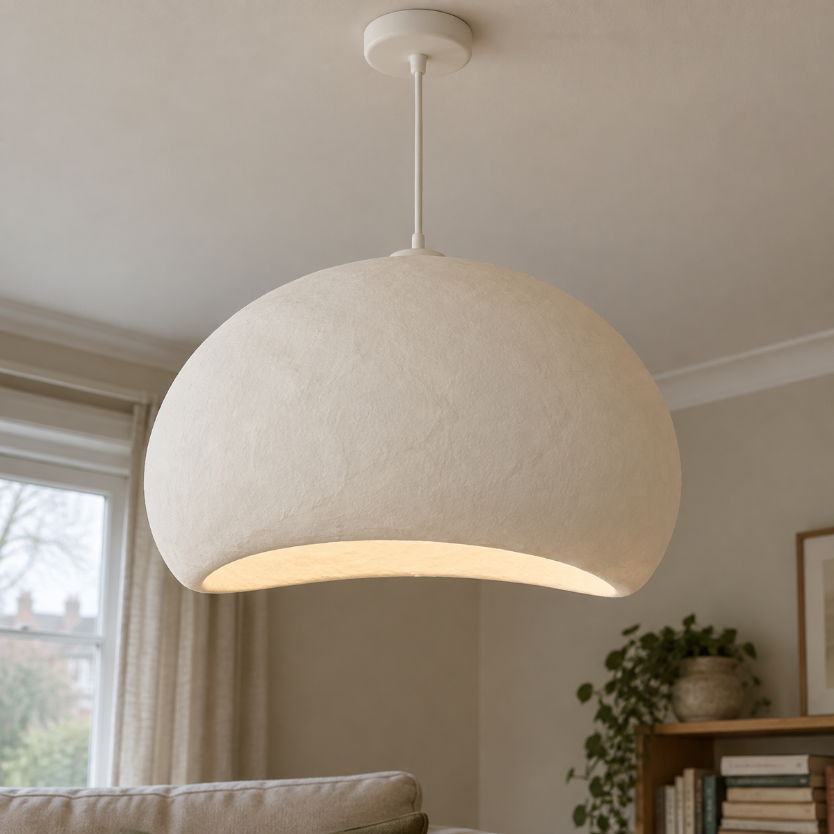 Handmade off-white wabi-sabi cloud pendant lampshade hanging above a linen sofa in a misty sitting room