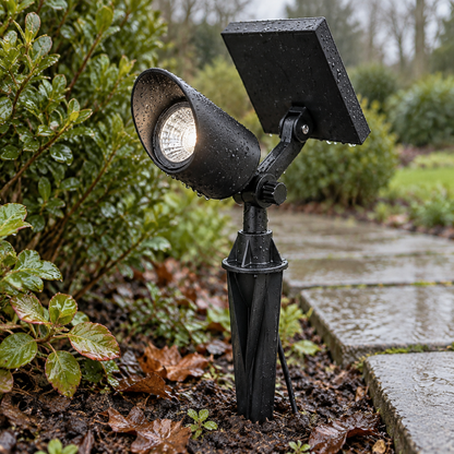 Adjustable garden spike spotlight pushed upright into wet soil at a border edge, lens angled up at a clipped hedge