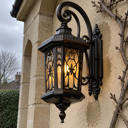 Large black vintage outdoor wall lantern with cut-out pattern panels mounted beside a rendered porch arch