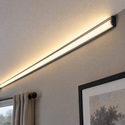 Rotatable aluminium LED cove strip fitted where a living room ceiling meets the wall, washing warm light along the ceiling