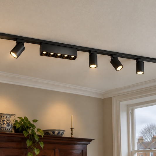 Black magnetic track lighting kit on a dining room ceiling with cylindrical spotlights and a grille head clipped on