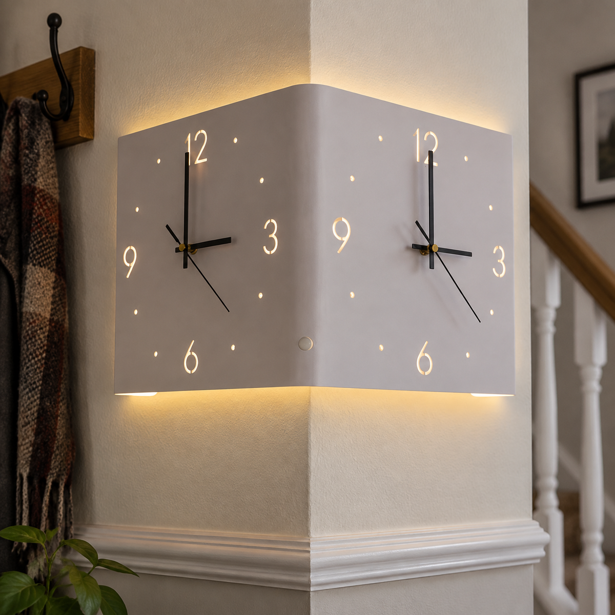 Illuminated square LED wall clock and night light hanging level on a hallway wall above a dado rail