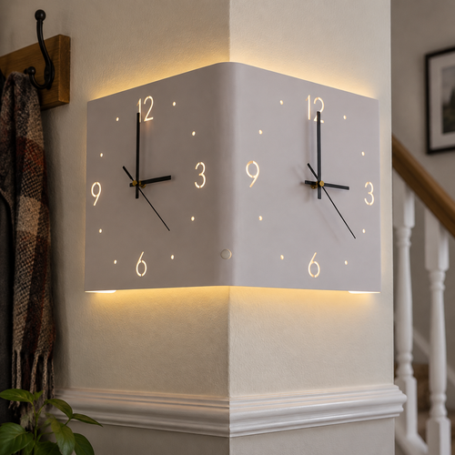 Illuminated square LED wall clock and night light hanging level on a hallway wall above a dado rail