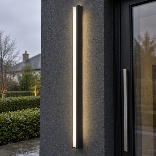 Long slim black linear LED wall light mounted upright on charcoal render beside a glazed front door at dusk
