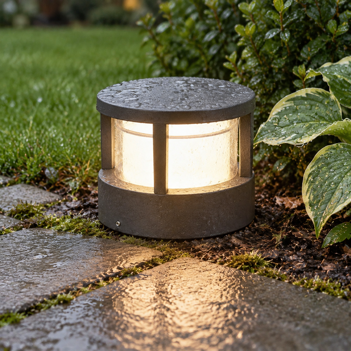 Short brushed stainless steel bollard light standing upright beside wet mossy paving slabs on a garden path