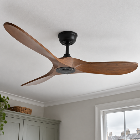 Minimalist Scandinavian ceiling fan with no light, blades level below the motor housing, in a plain British bedroom