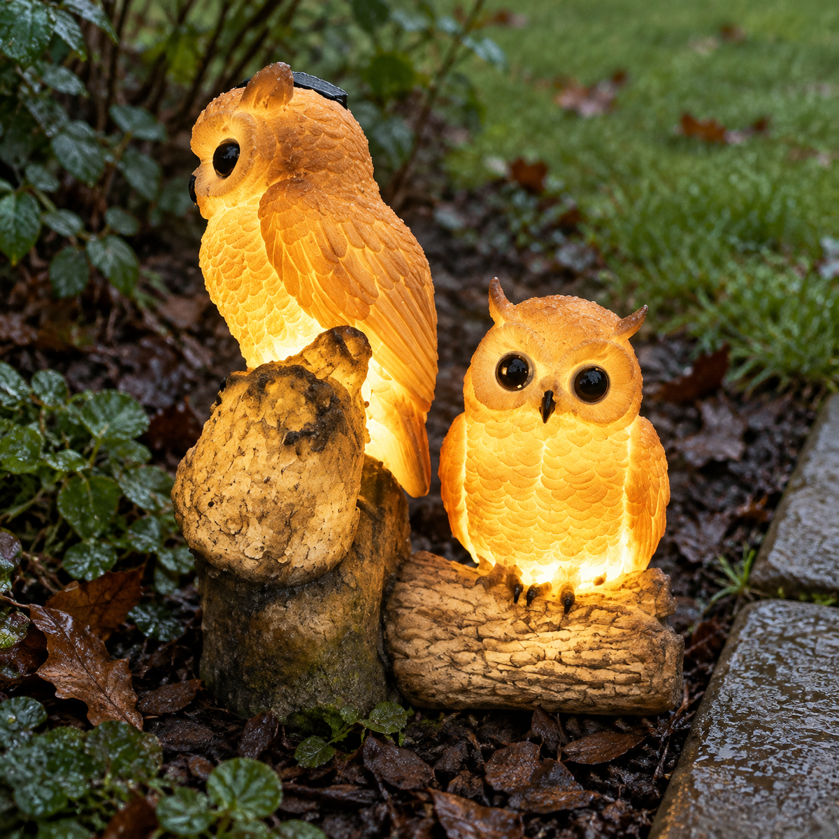 Modern solar garden lamp standing upright in damp bark mulch beside a stone path on a drizzly afternoon