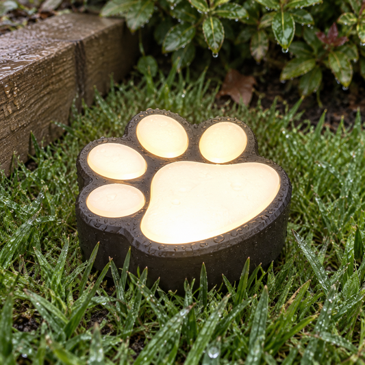 Waterproof solar garden light standing upright at a rain-beaded lawn edge beside a timber sleeper border