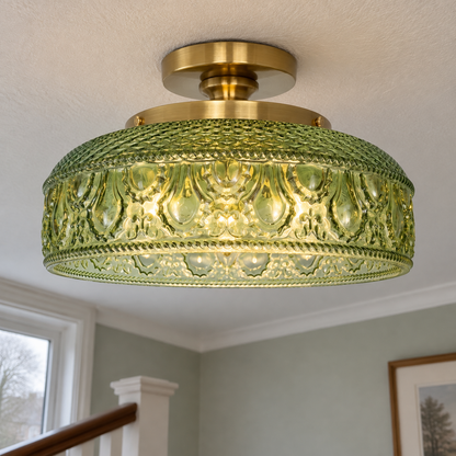 Rippled textured glass disc flush mount ceiling light fitted flat to a landing ceiling above a stair banister