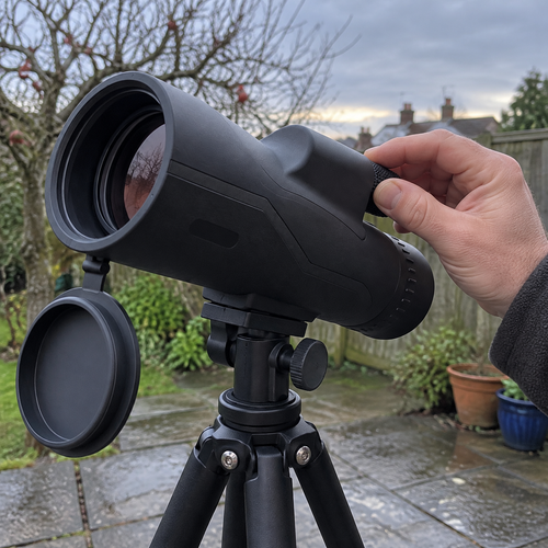 Portable astronomy telescope set up on its tripod on a damp patio, a hand adjusting the focus knob at dusk