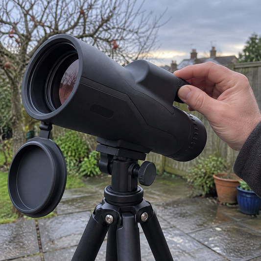 Portable astronomy telescope set up on its tripod on a damp patio, a hand adjusting the focus knob at dusk