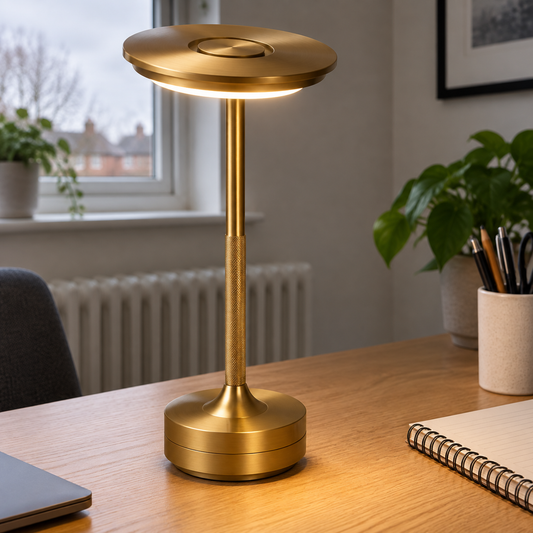 Rechargeable touch desk lamp standing on an oak desk beside a notebook and pen pot, head angled over the work surface