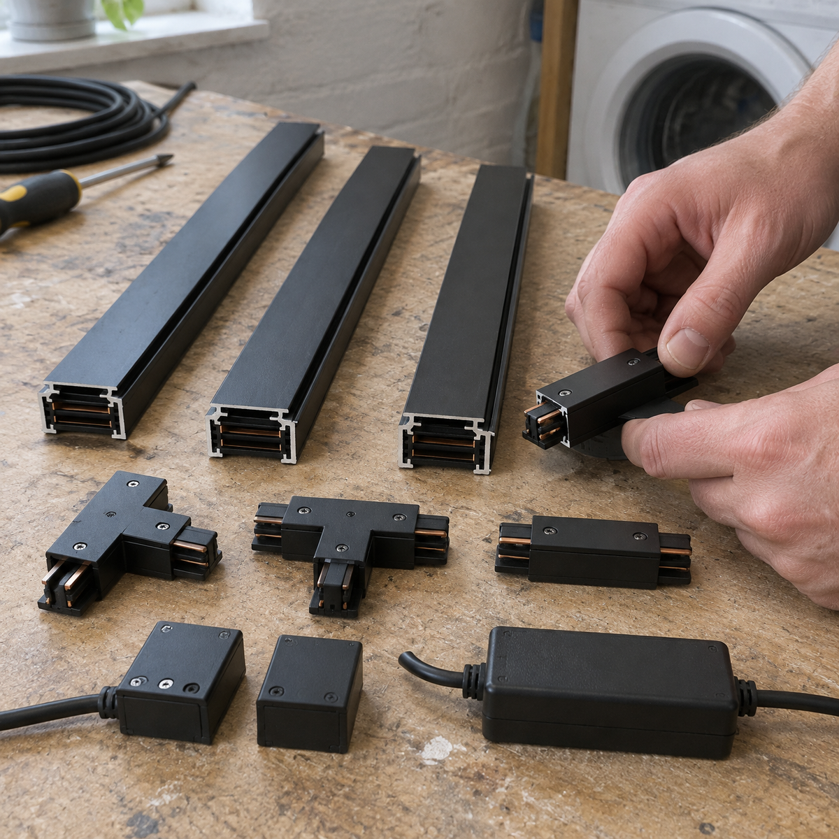 Black track lighting accessories laid out on a workbench, hands slotting an L connector into a length of track