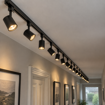 Long black single-phase track carrying fourteen cylindrical spotlights along a hallway ceiling above framed pictures