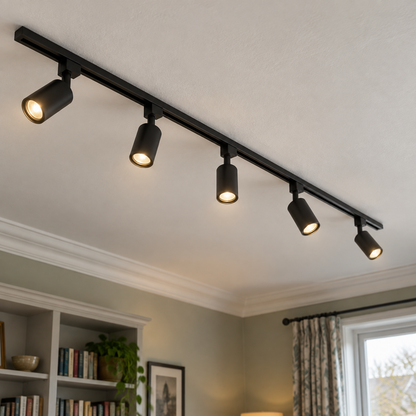 Short black track with five cylindrical spotlights on a sitting room ceiling beside plaster cornicing