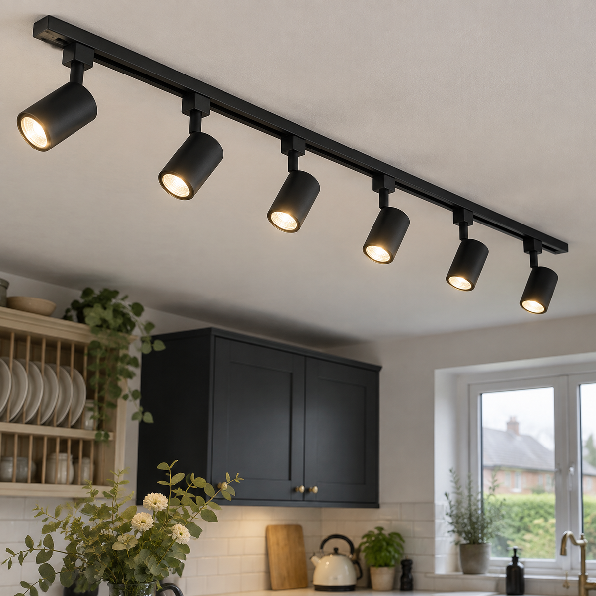 Black track rail with six spotlights above a kitchen island, heads angled down onto the worktop