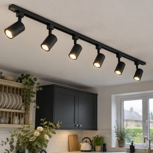 Black track rail with six spotlights above a kitchen island, heads angled down onto the worktop