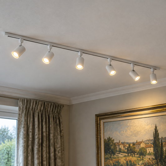 White track with six spotlights on a dining room ceiling, one head angled towards a large framed painting