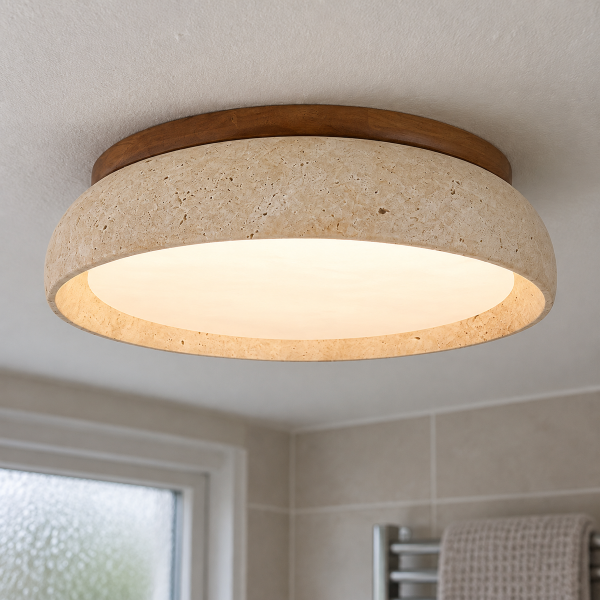 Round natural travertine LED flush mount fitted flat to a bathroom ceiling above a tiled wall and towel rail