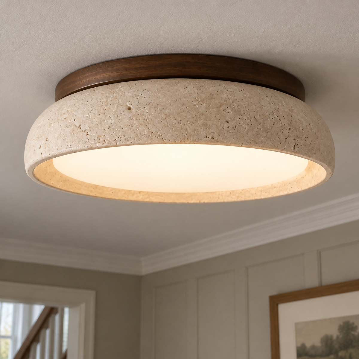 Scandinavian travertine flush-mount ceiling light fitted flat to a hallway ceiling, creamy beige stone disc glowing warmly above white cornicing