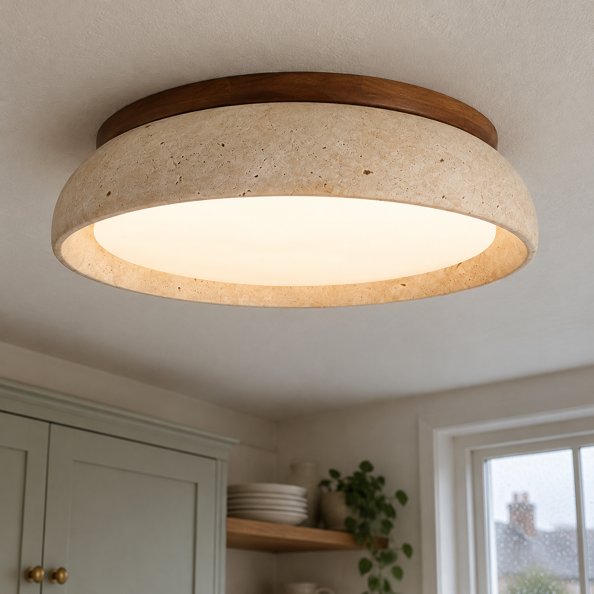 Travertine and walnut flush ceiling light mounted against a kitchen ceiling, warm stone diffuser ringed in dark walnut above painted wall cabinets