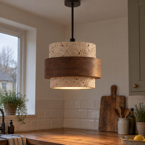 Travertine cylinder pendant light hanging over a wooden kitchen worktop, beige pitted stone shade casting a warm glow against a tiled splashback